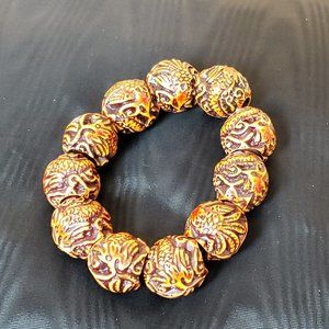 🍁Intricately carved Red Cinnabar* bracelet.  Dragon design.